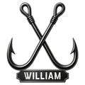 Black metal fishing sign featuring two crossed fish hooks and a bold decorative base