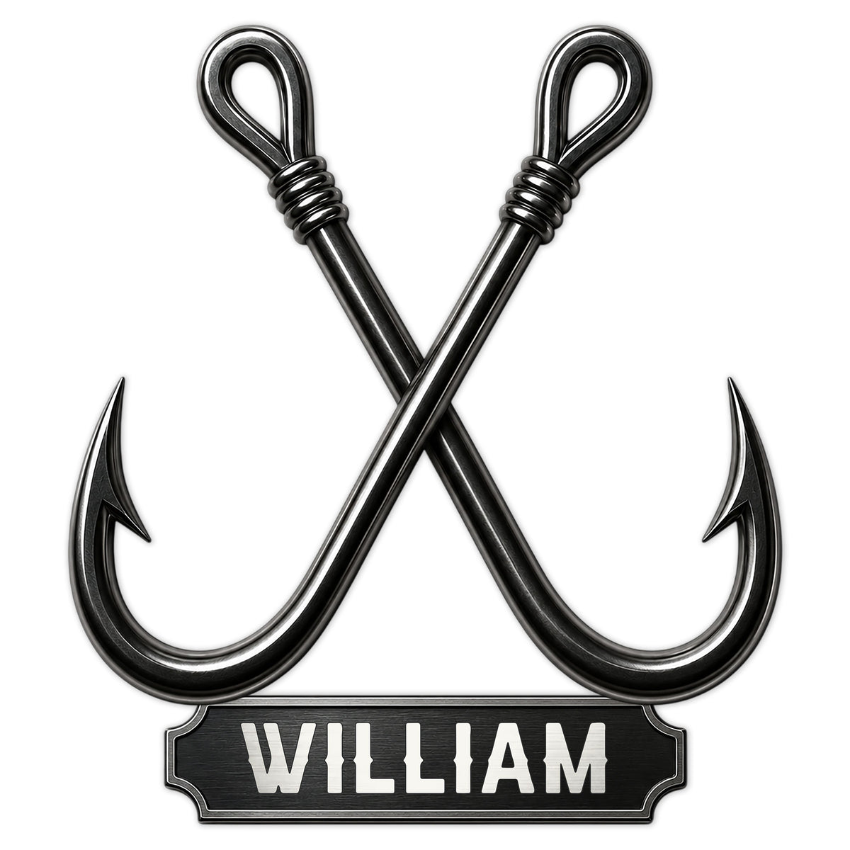 Black metal fishing sign featuring two crossed fish hooks and a bold decorative base