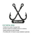 Fishing hook metal sign shown with cut-metal construction and installation feature information
