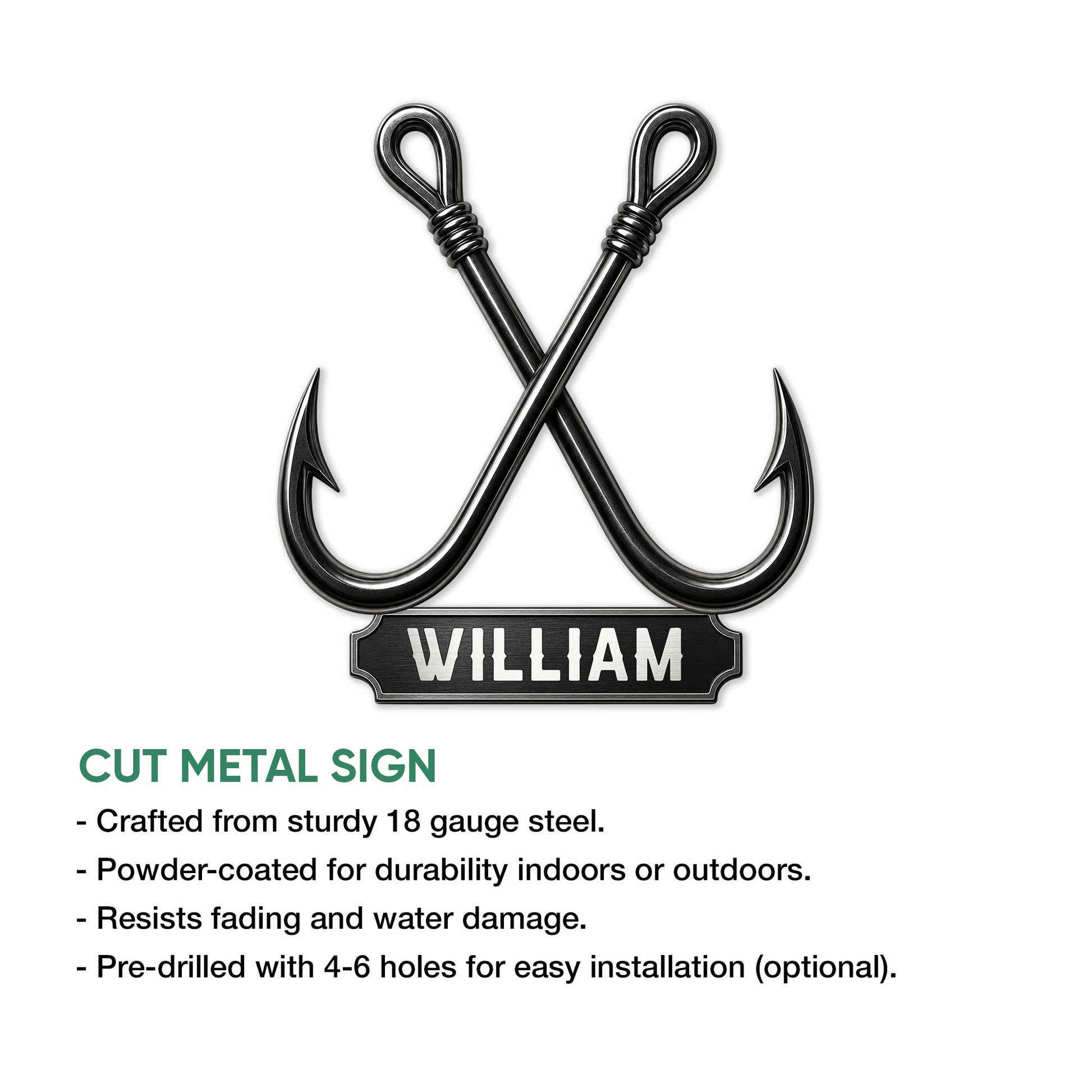 Fishing hook metal sign shown with cut-metal construction and installation feature information