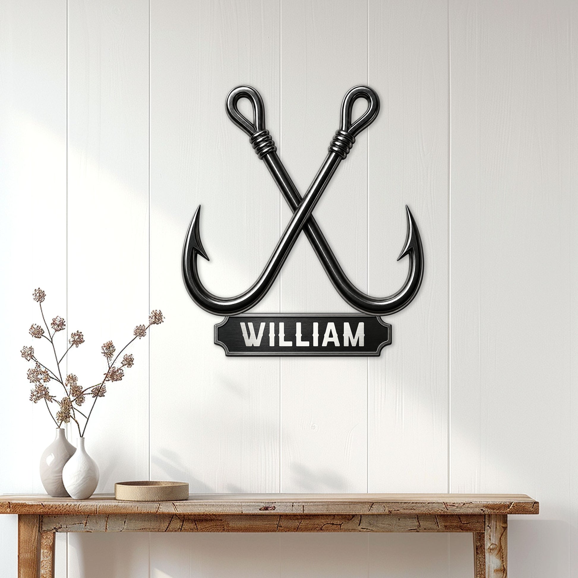 Crossed fishing hook wall sign displayed on a white paneled wall above a console table