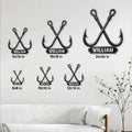 Fishing hook metal sign size guide showing available sizes from 8 by 8 to 24 by 24 inches