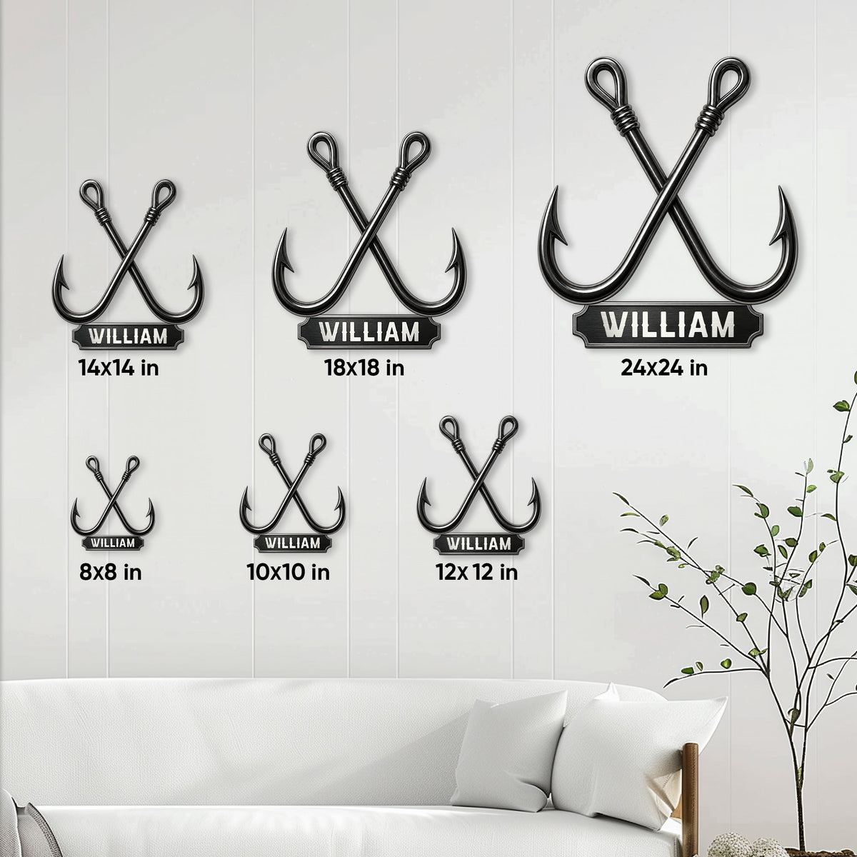 Fishing hook metal sign size guide showing available sizes from 8 by 8 to 24 by 24 inches