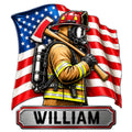 Custom firefighter metal sign featuring a masked firefighter with an axe against an American flag
