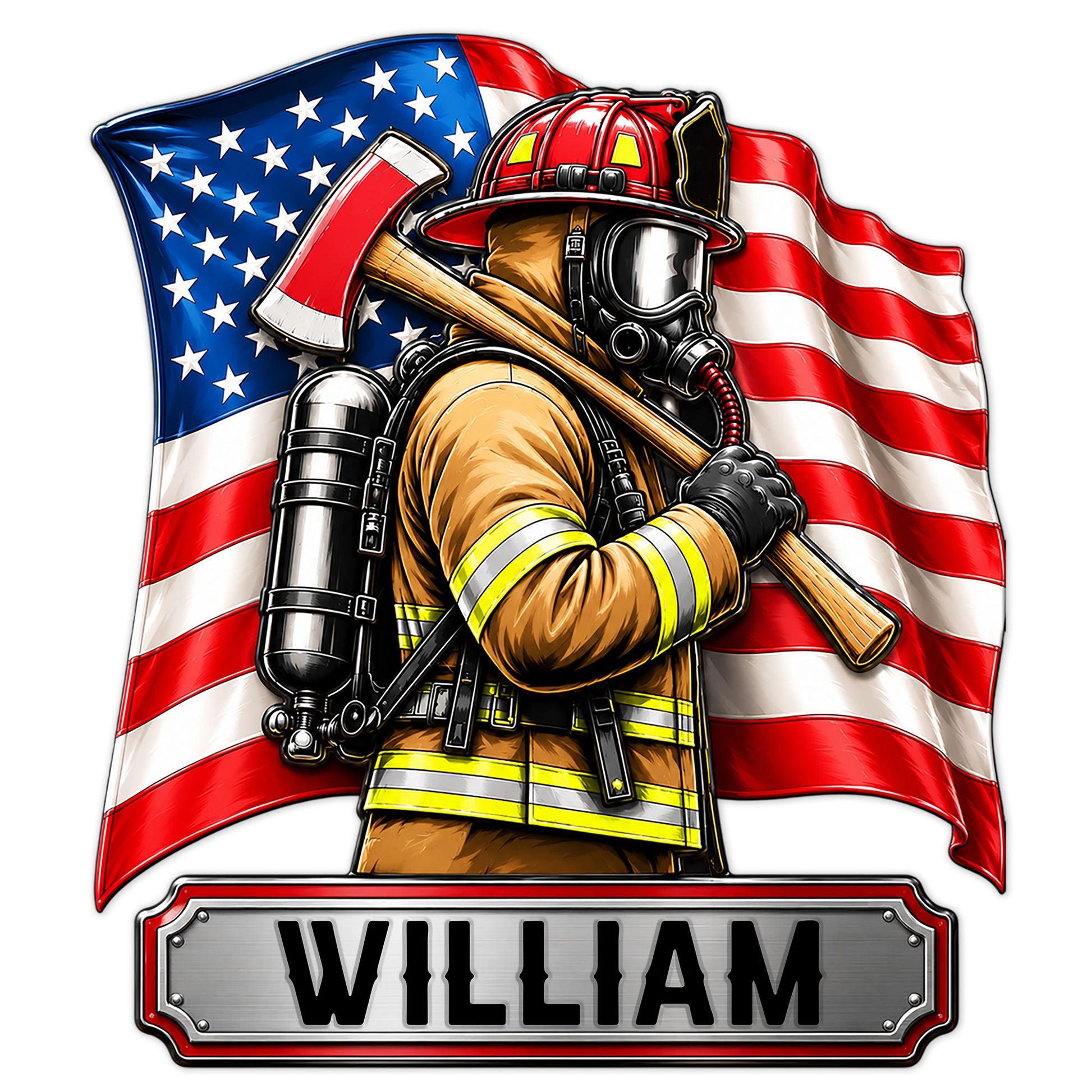 Custom firefighter metal sign featuring a masked firefighter with an axe against an American flag