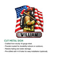 Firefighter metal sign product infographic showing the cut-metal design and available sign features