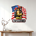 Firefighter wall sign displayed on a white paneled wall above a console table