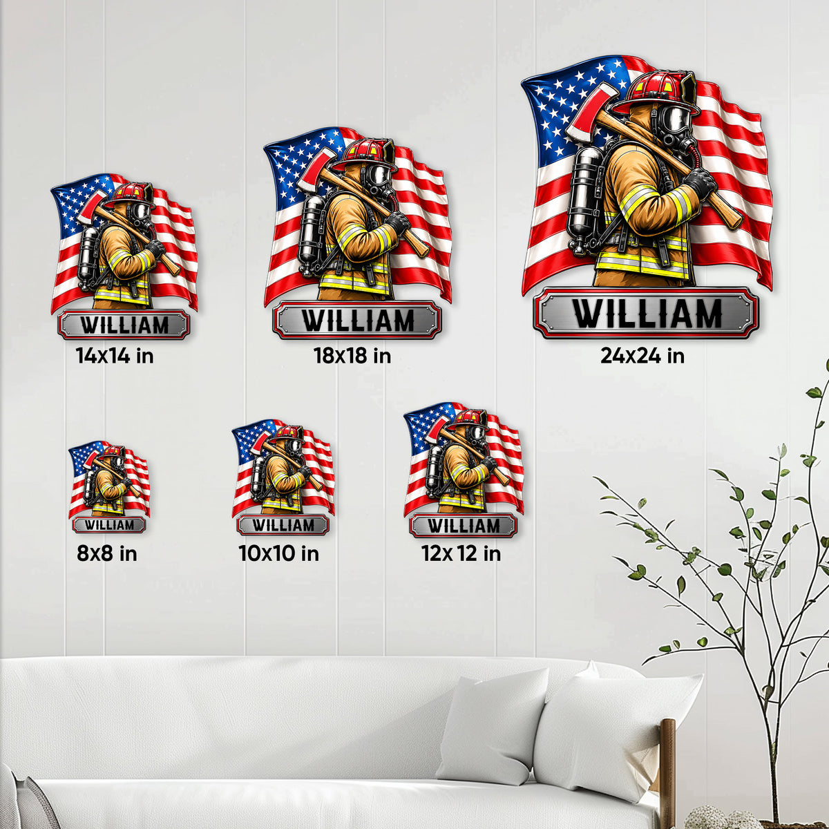 Firefighter metal sign size guide showing multiple square size options for wall display