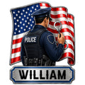 Custom police officer metal sign featuring an American flag, handcuffs, and bold law enforcement artwork