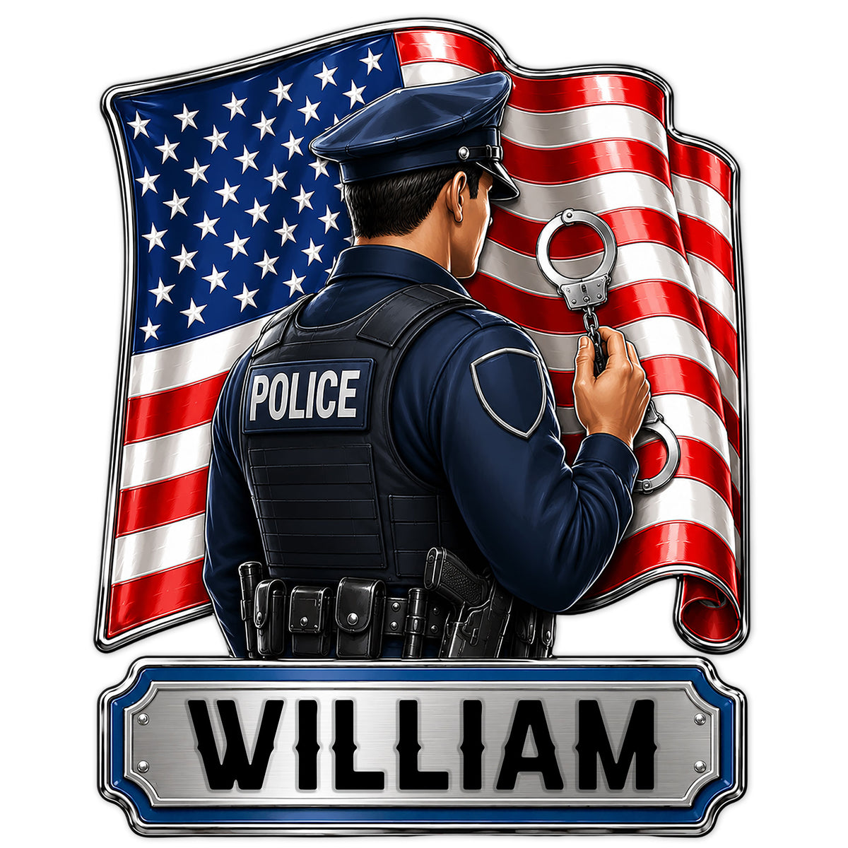 Custom police officer metal sign featuring an American flag, handcuffs, and bold law enforcement artwork