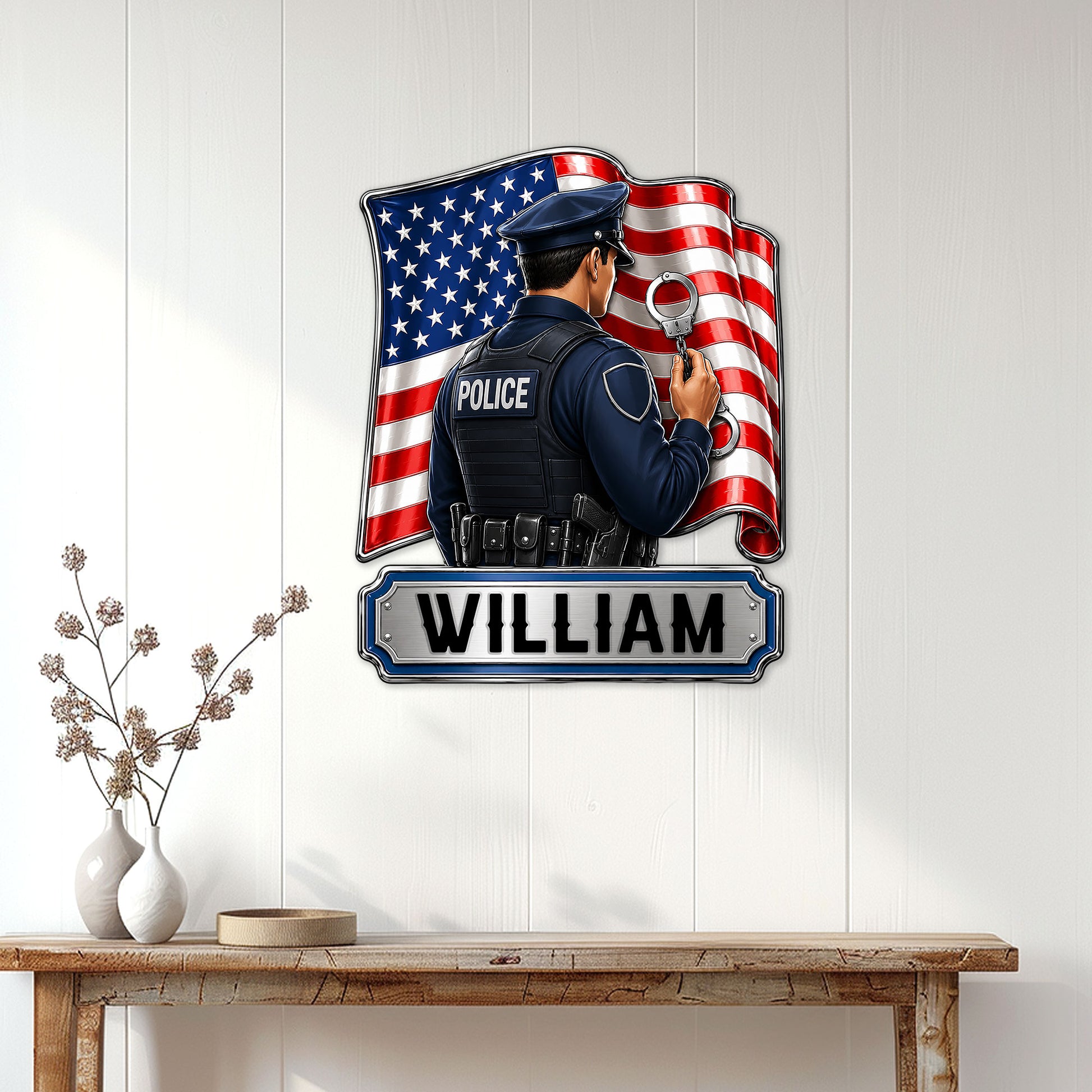 Police officer metal sign displayed as patriotic law enforcement wall decor in a bright home entryway