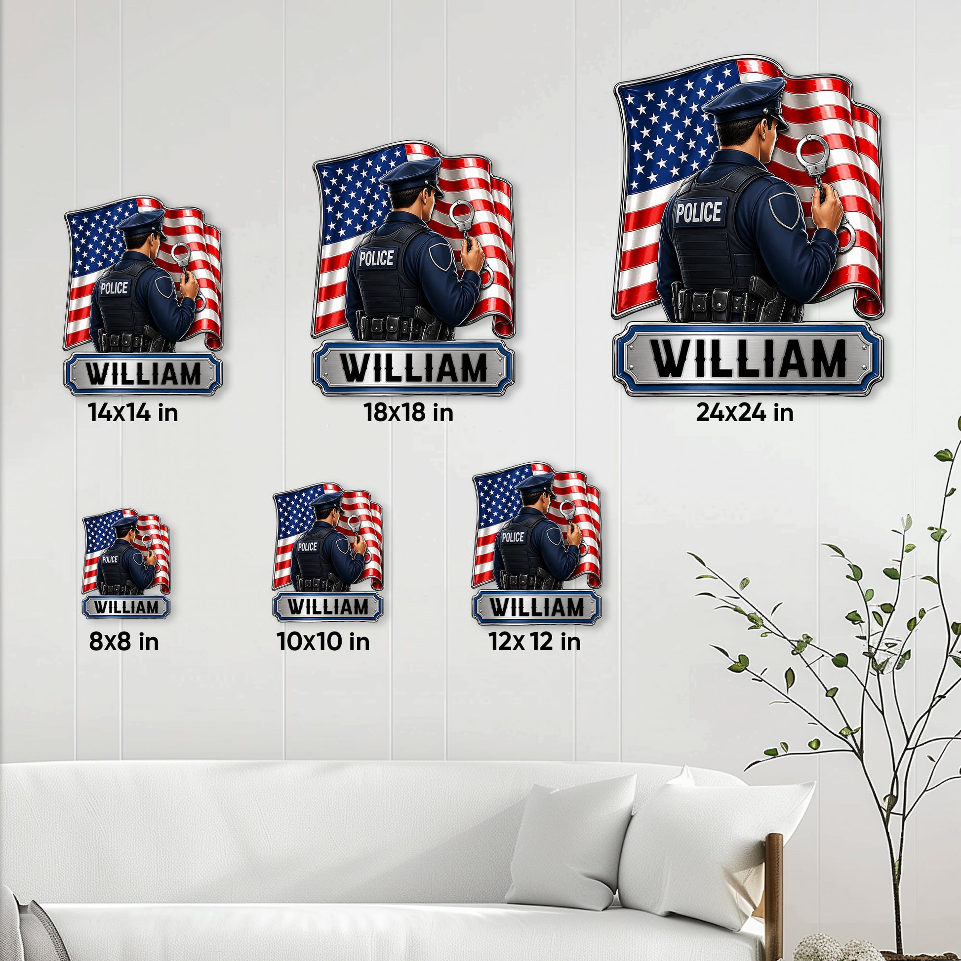 Police officer metal sign size guide showing available square dimensions from 8 by 8 to 24 by 24 inches