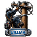 Custom lineman metal sign featuring a utility worker climbing a power pole with safety gear and tools