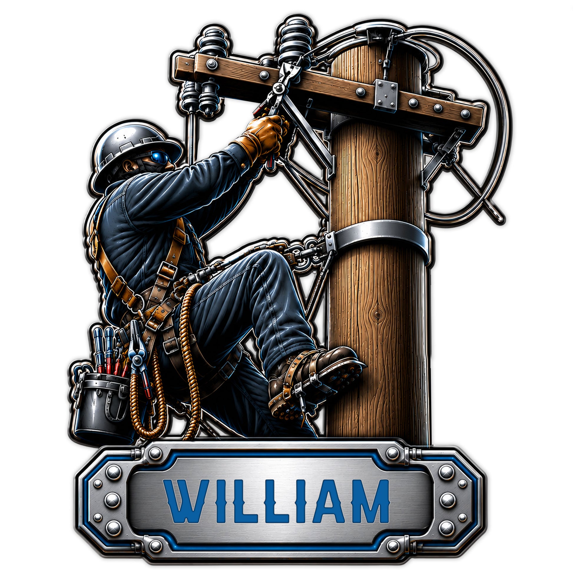 Custom lineman metal sign featuring a utility worker climbing a power pole with safety gear and tools