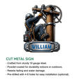 Lineman metal sign product graphic showing a utility worker on a pole with a bold industrial design