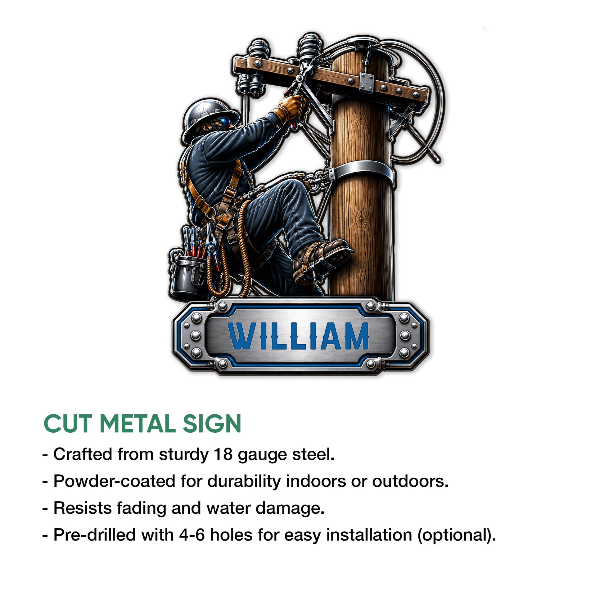 Lineman metal sign product graphic showing a utility worker on a pole with a bold industrial design