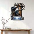 Lineman wall sign displayed on a light wood-paneled wall above a console table