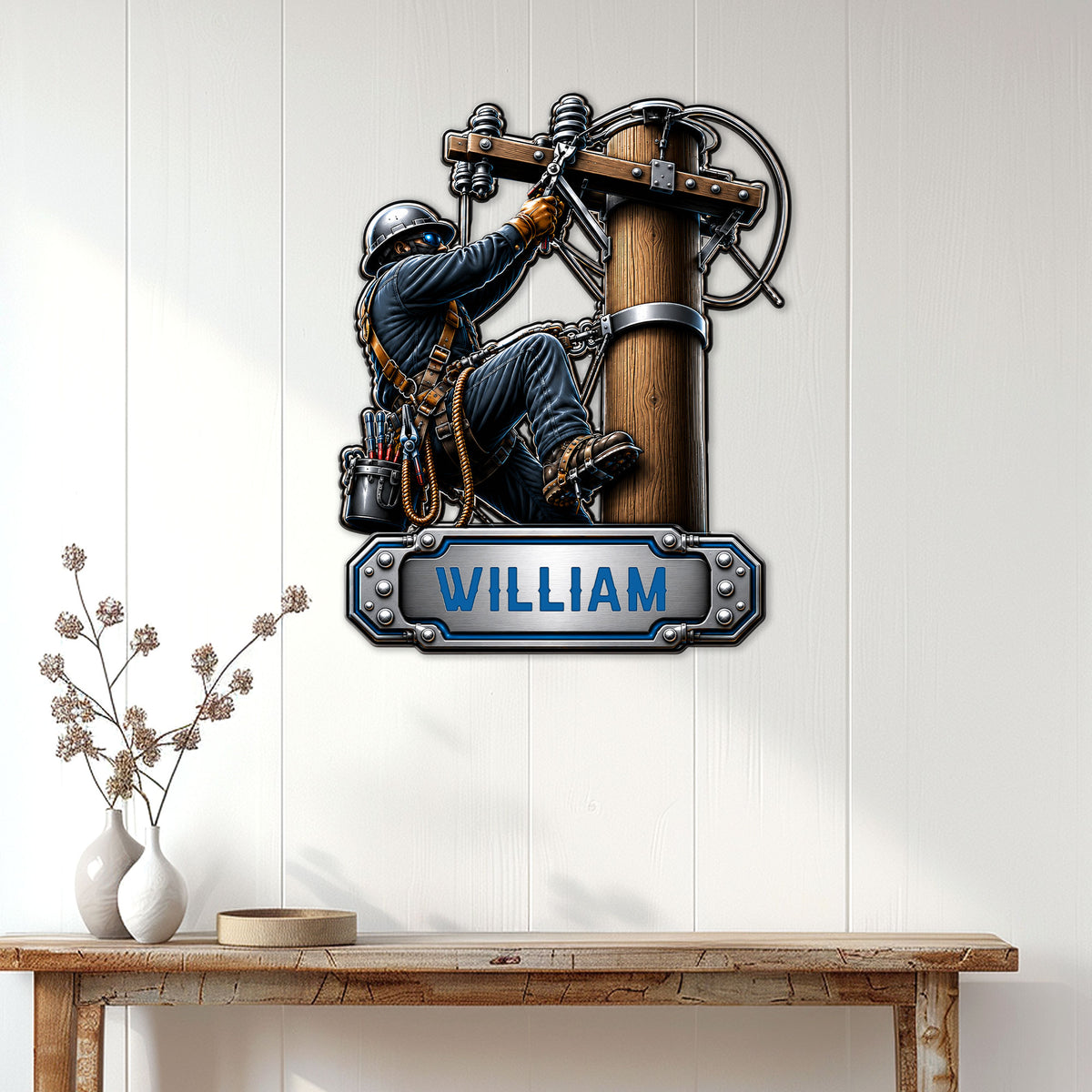 Lineman wall sign displayed on a light wood-paneled wall above a console table