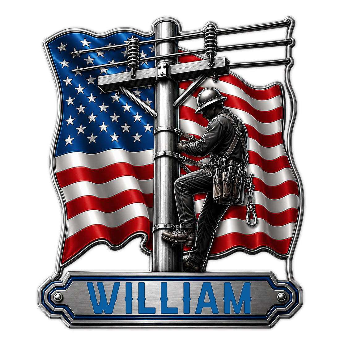Custom lineman metal sign featuring a utility worker on a power pole against an American flag