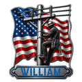 Custom lineman metal sign featuring a utility worker on a power pole against an American flag