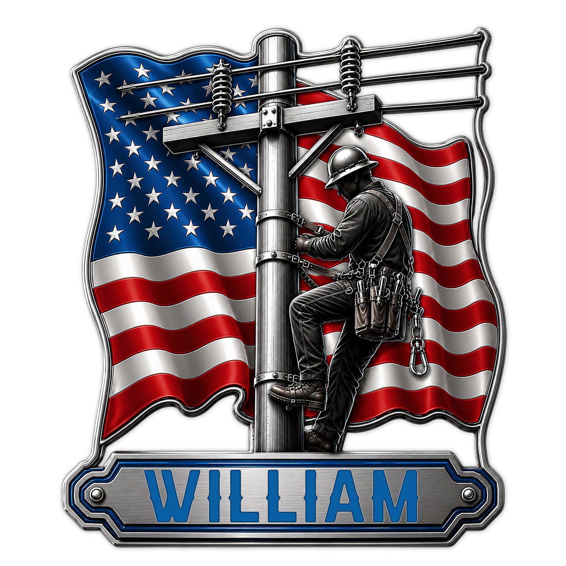 Custom lineman metal sign featuring a utility worker on a power pole against an American flag