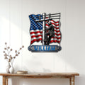 Patriotic lineman wall sign displayed on a white paneled wall above a console table