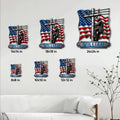Lineman metal sign size guide showing multiple square size options in a room setting