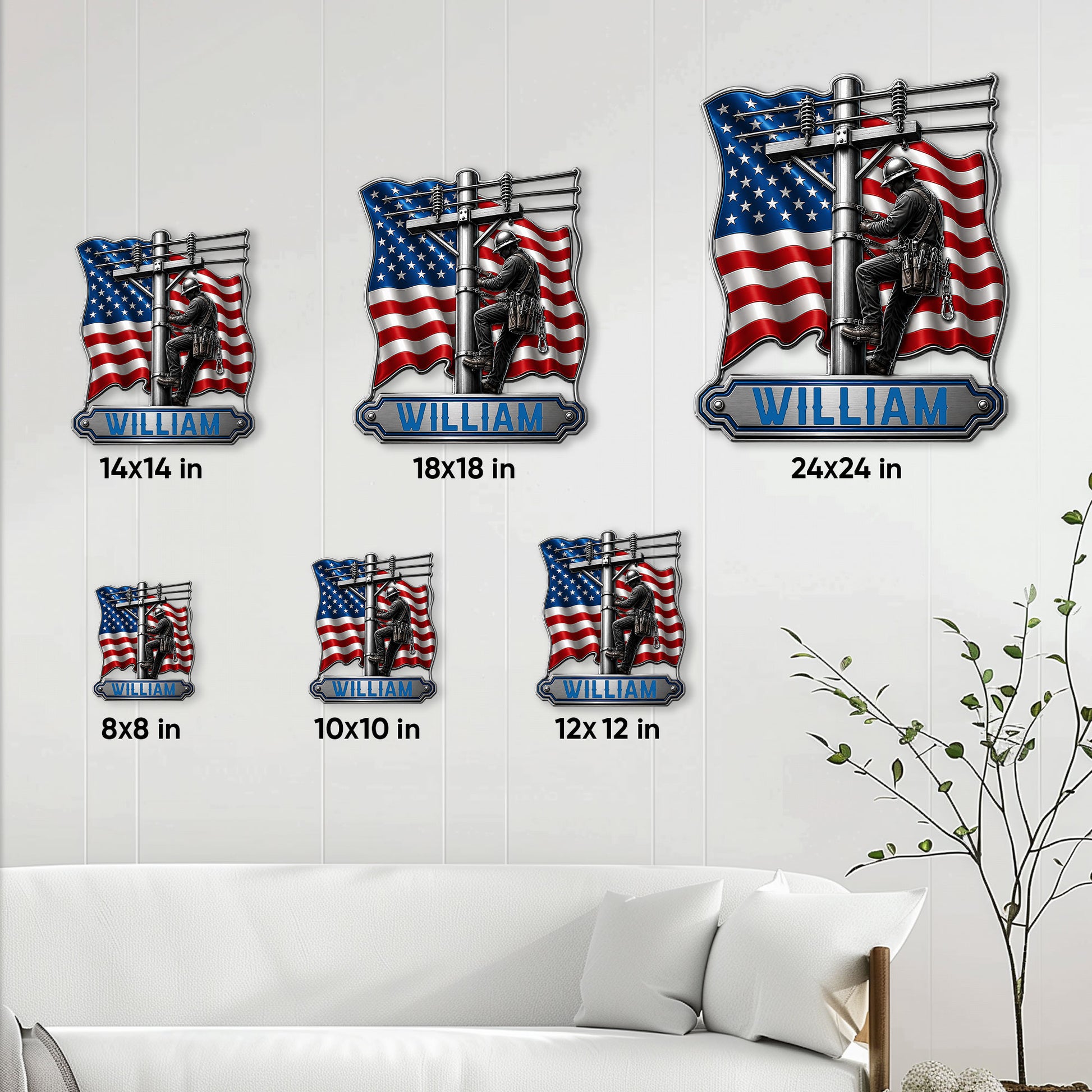 Lineman metal sign size guide showing multiple square size options in a room setting