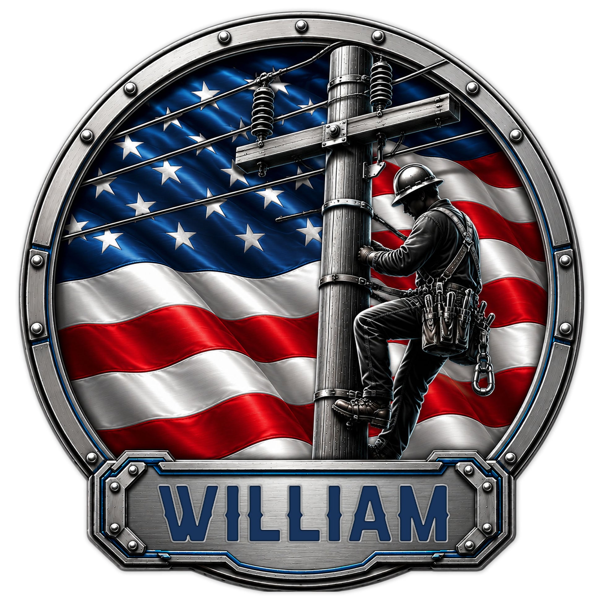 Patriotic lineman metal sign featuring a utility worker climbing a power pole before an American flag