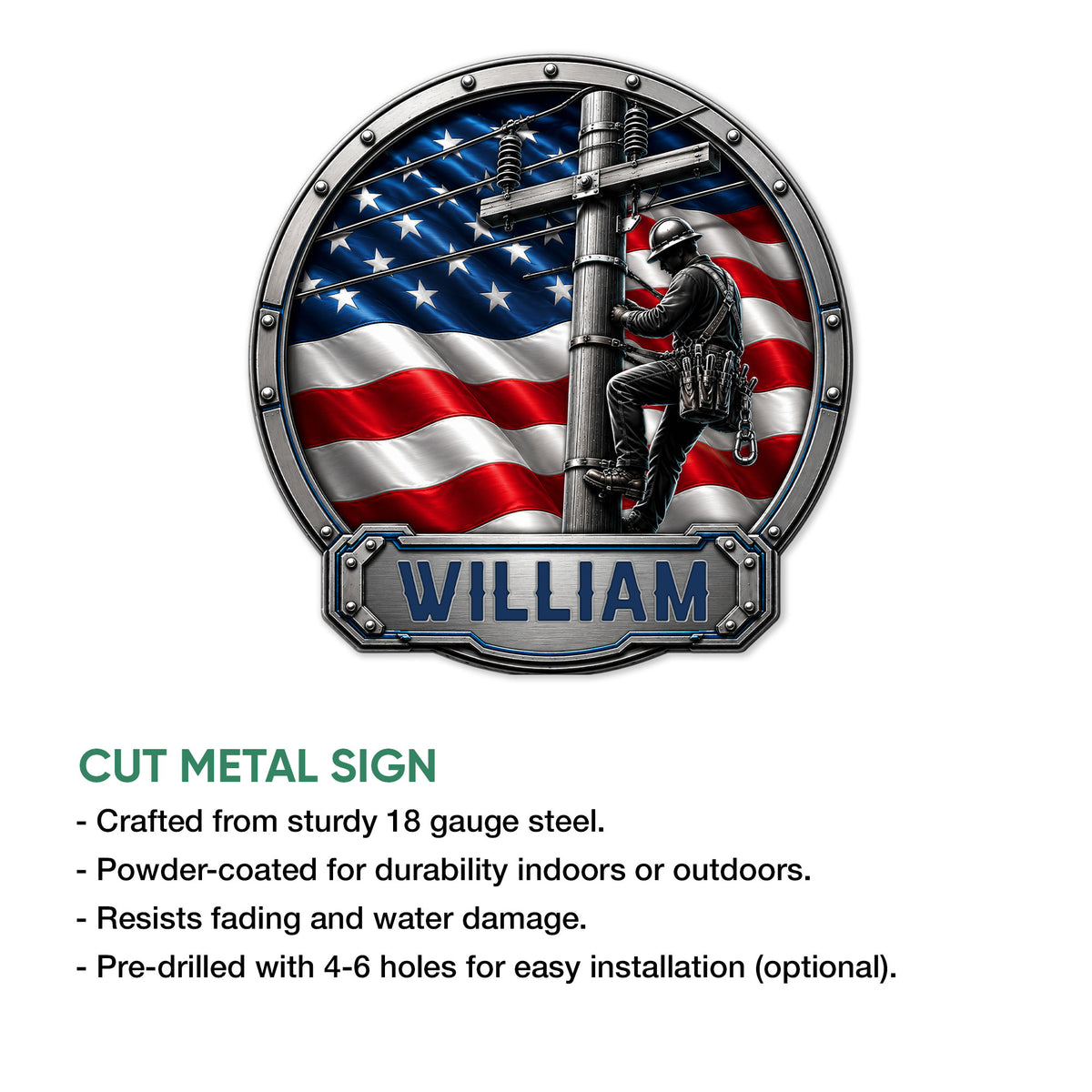 Lineman metal sign shown with a cut-metal sign feature overview and indoor or outdoor display notes