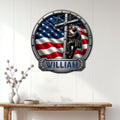 Patriotic lineman wall sign displayed above a console table in a bright wood-paneled home