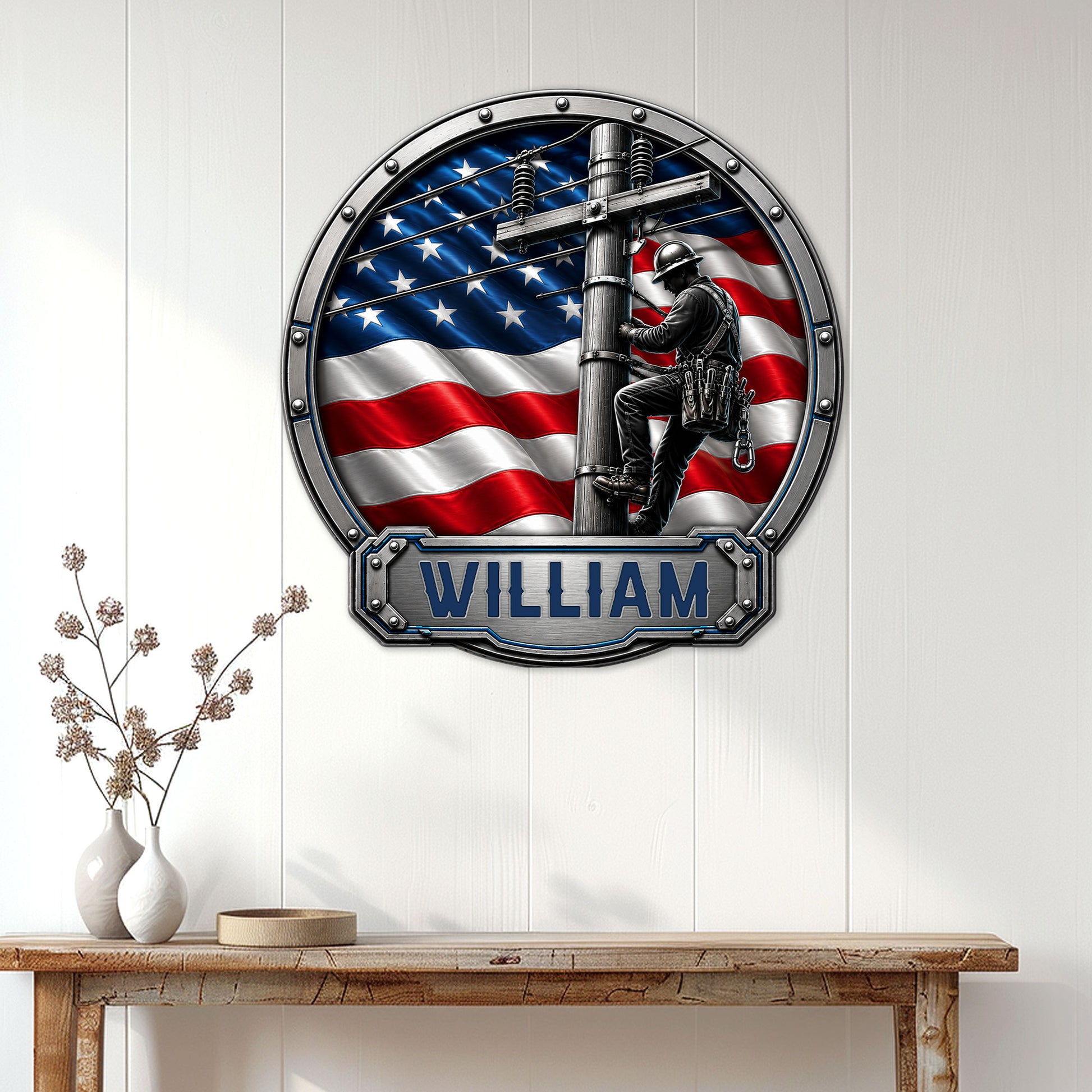 Patriotic lineman wall sign displayed above a console table in a bright wood-paneled home