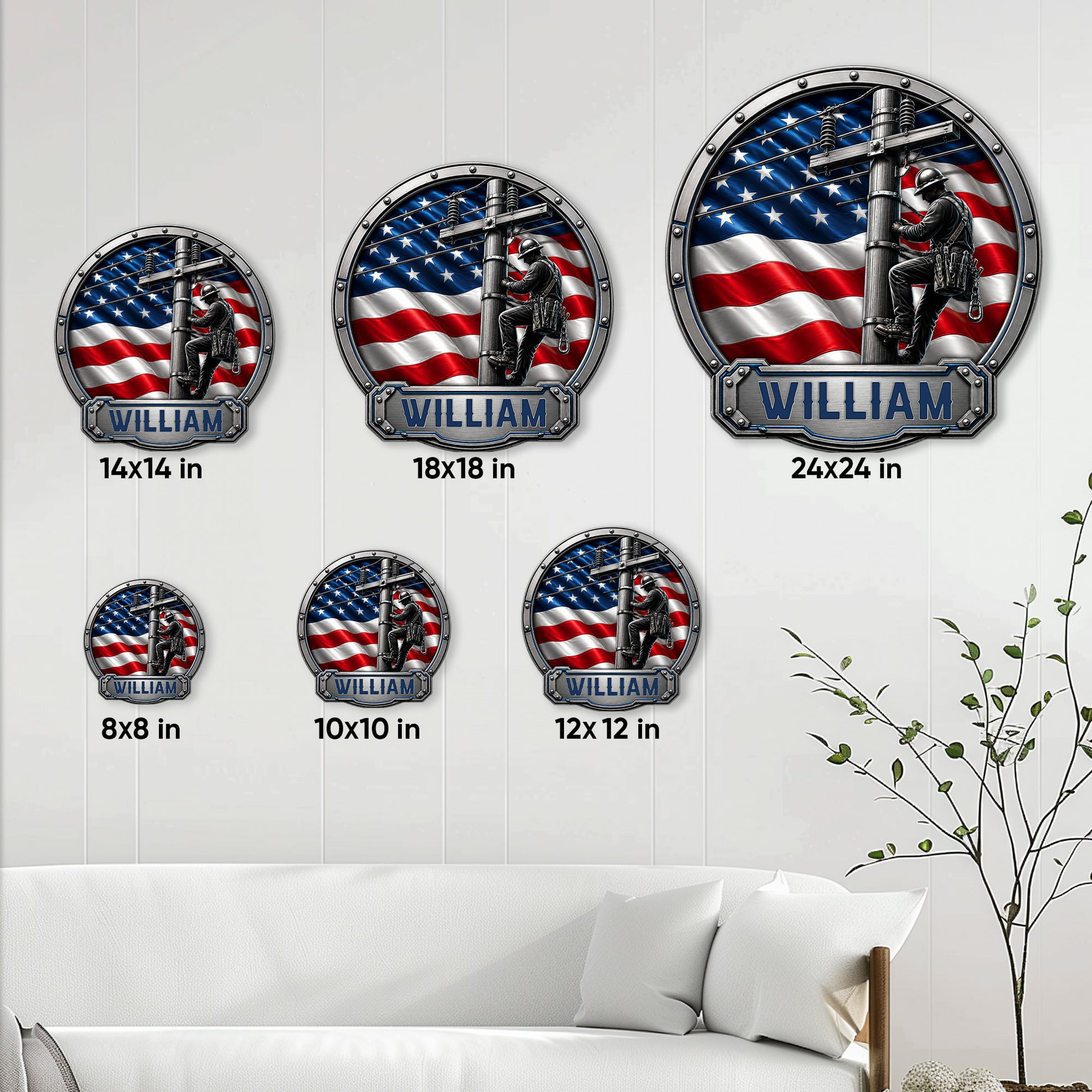 Lineman metal sign size guide showing available square sizes from 8 by 8 to 24 by 24 inches