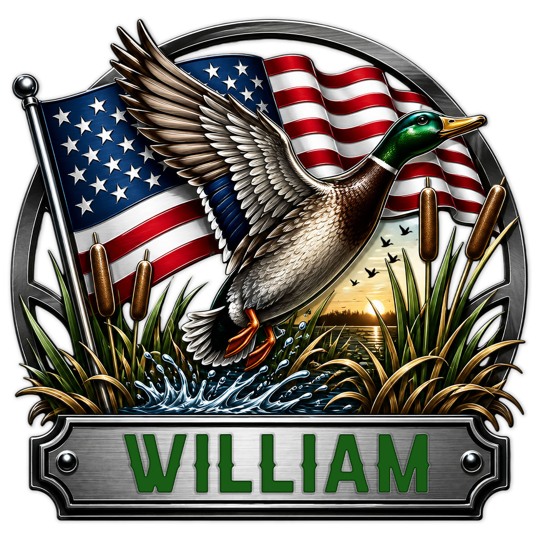 Detailed duck hunting metal sign featuring a flying mallard, wetland grasses, water splash, and American flag