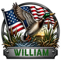 Detailed duck hunting metal sign featuring a flying mallard, wetland grasses, water splash, and American flag