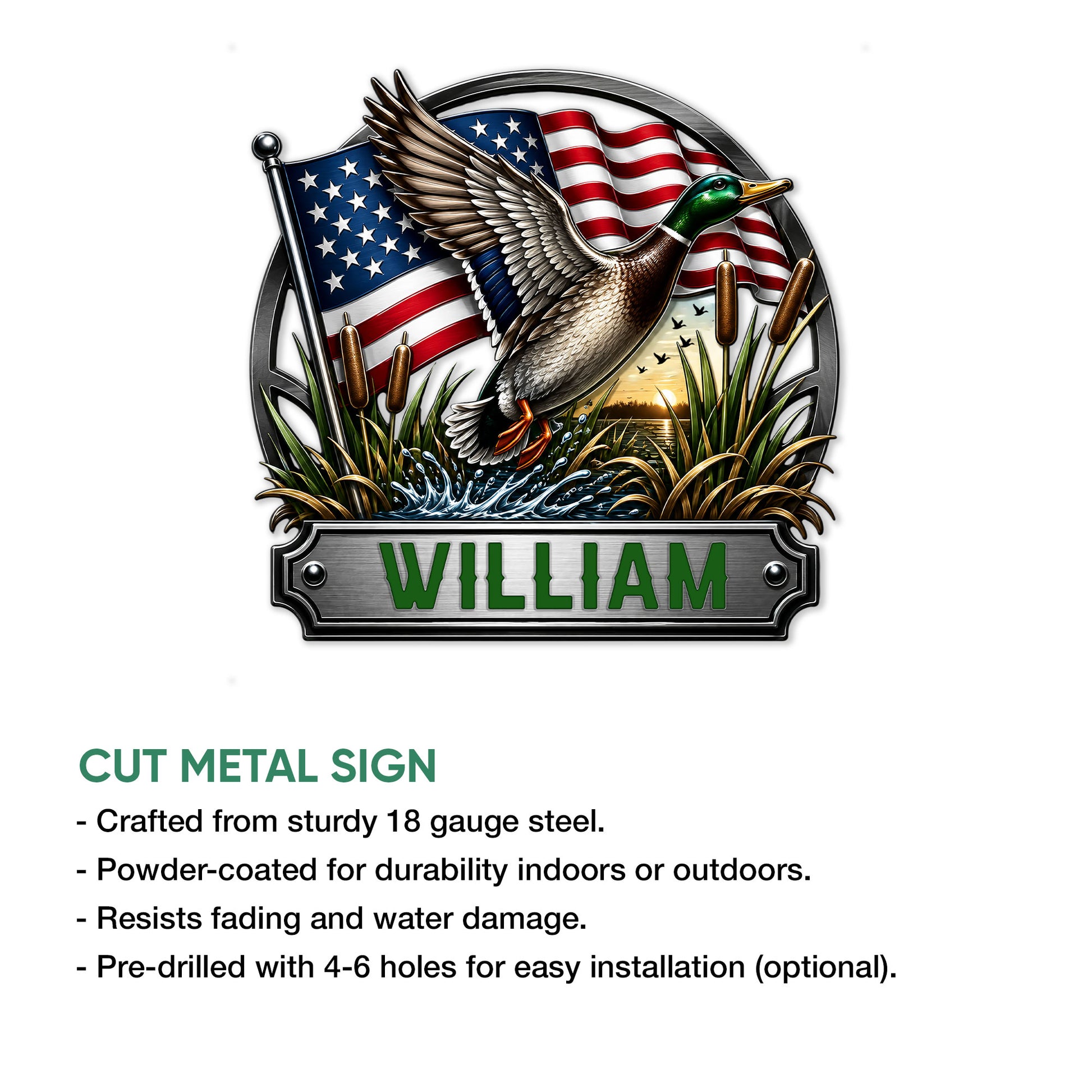 Duck hunting metal sign shown with its detailed mallard and patriotic wetland artwork in a product feature guide
