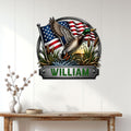 Patriotic duck hunting wall sign displayed on a light paneled wall above a rustic console table