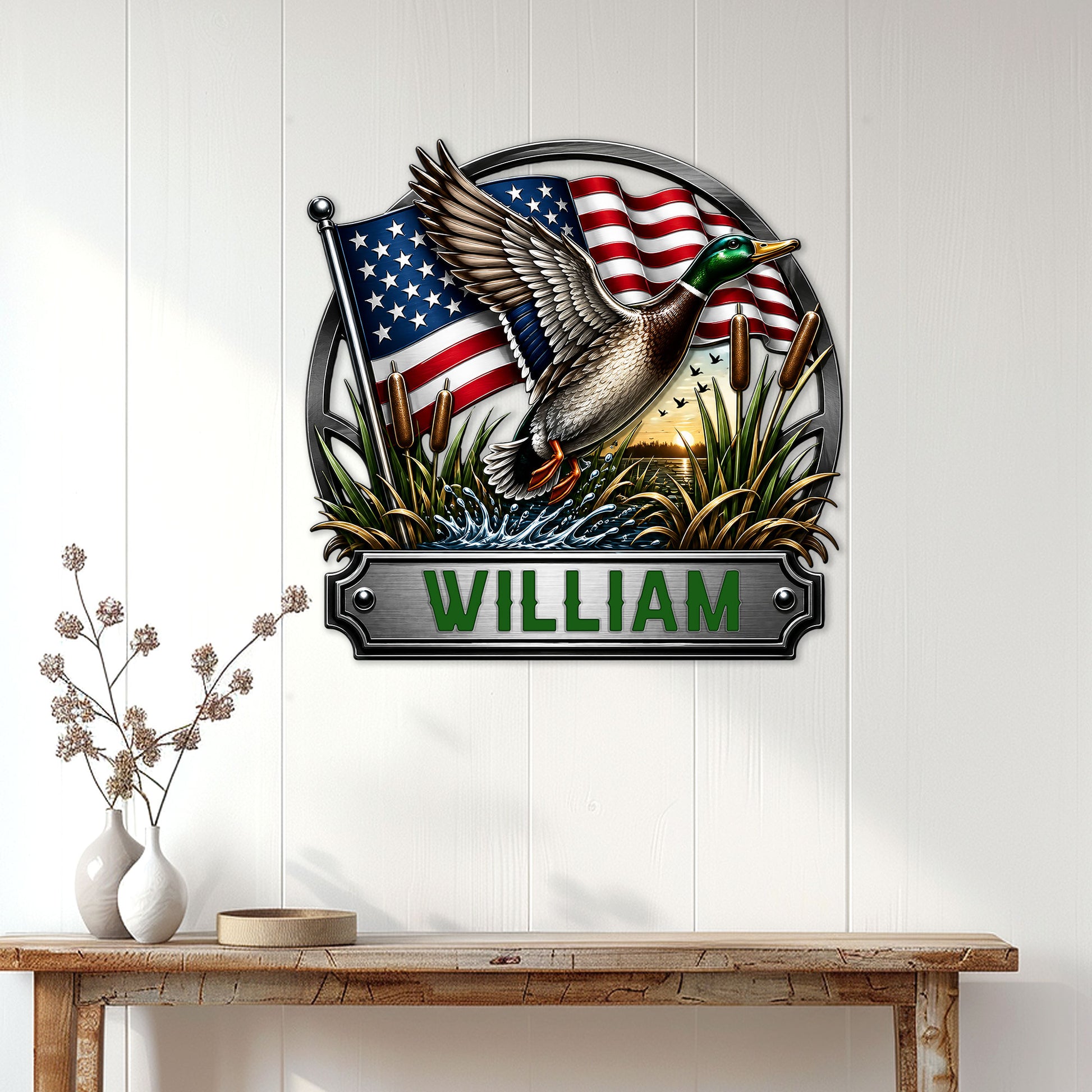 Patriotic duck hunting wall sign displayed on a light paneled wall above a rustic console table