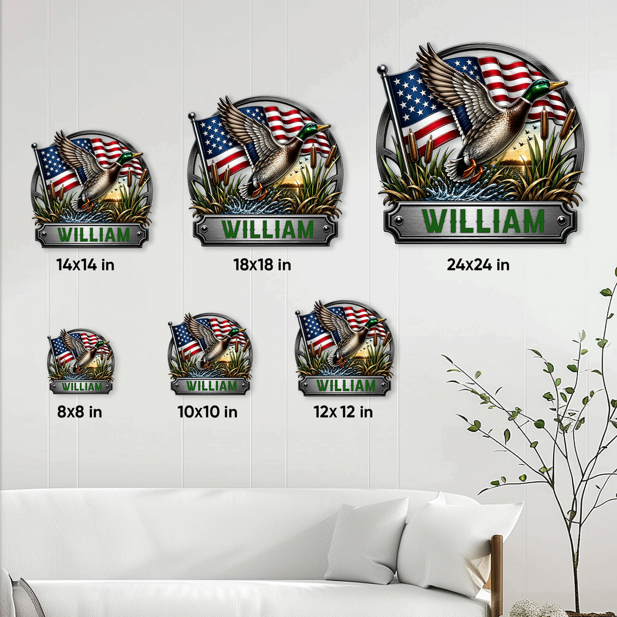 Duck hunting metal sign size guide showing multiple square size options for wall display