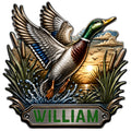 Custom duck hunting metal sign featuring a mallard in flight over a marsh at sunset