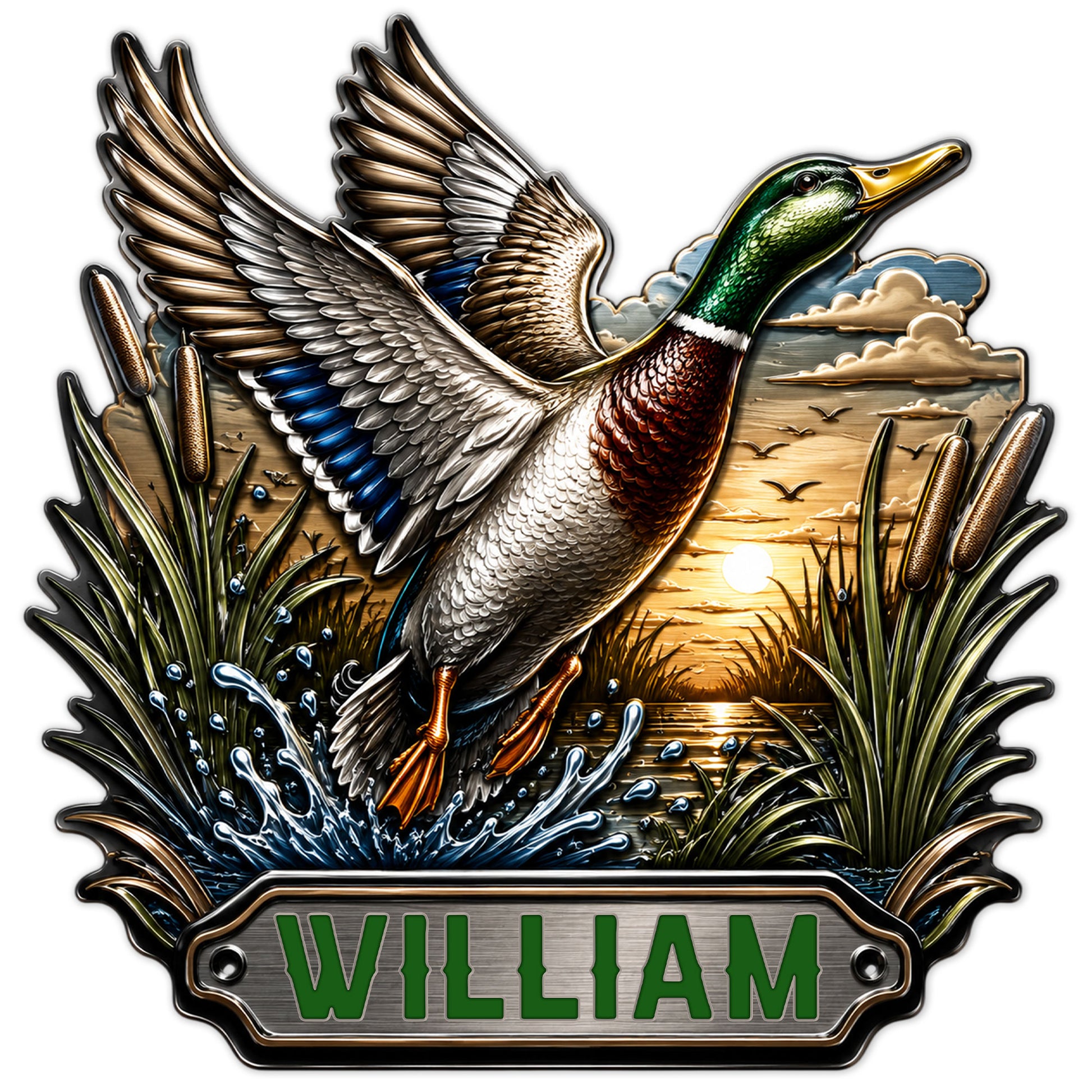 Custom duck hunting metal sign featuring a mallard in flight over a marsh at sunset