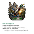 Duck hunting metal sign shown in a product feature graphic with detailed mallard artwork