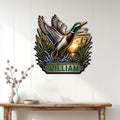 Duck hunting wall decor displayed on a light wood-paneled wall above a console table