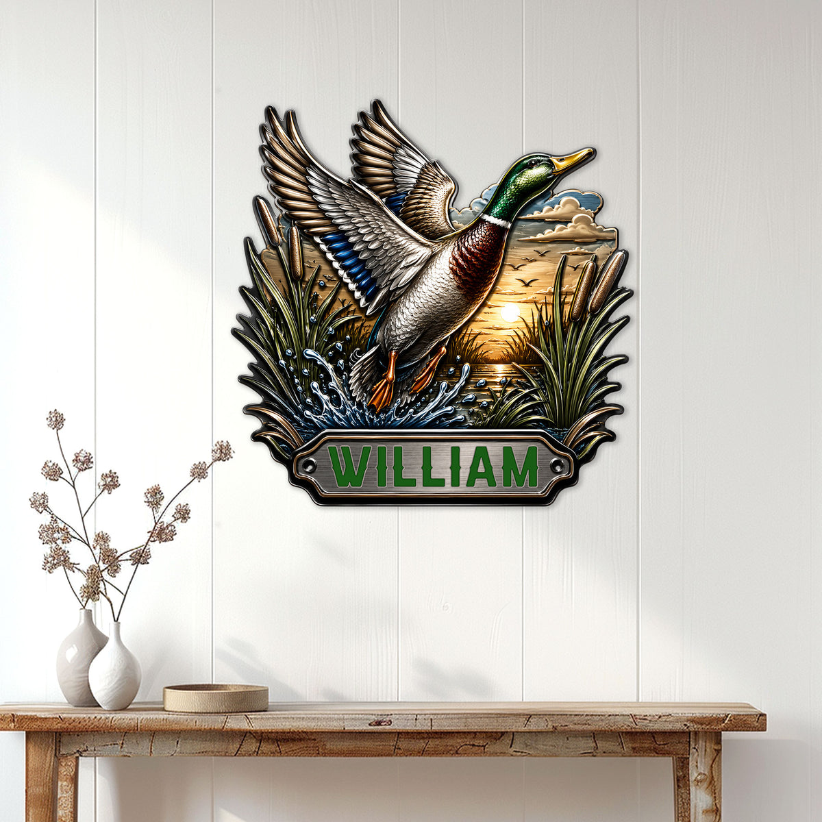 Duck hunting wall decor displayed on a light wood-paneled wall above a console table