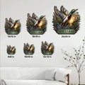 Duck hunting metal sign size guide showing multiple available dimensions in a home setting