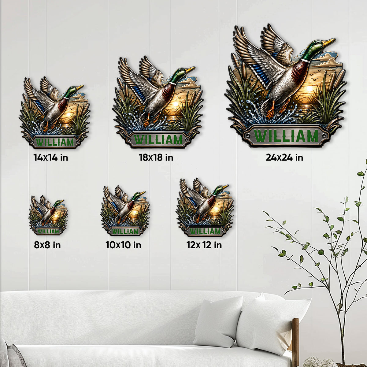 Duck hunting metal sign size guide showing multiple available dimensions in a home setting