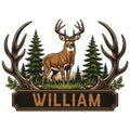 Custom hunting metal sign featuring a buck deer framed by antlers, pine trees, mountain scenery, and a lodge-style plaque