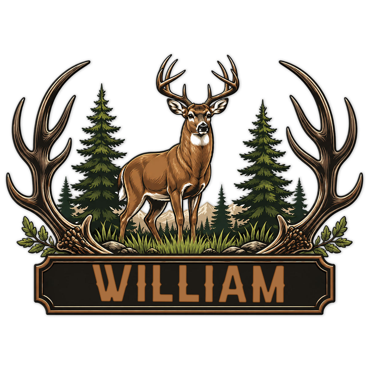 Custom hunting metal sign featuring a buck deer framed by antlers, pine trees, mountain scenery, and a lodge-style plaque