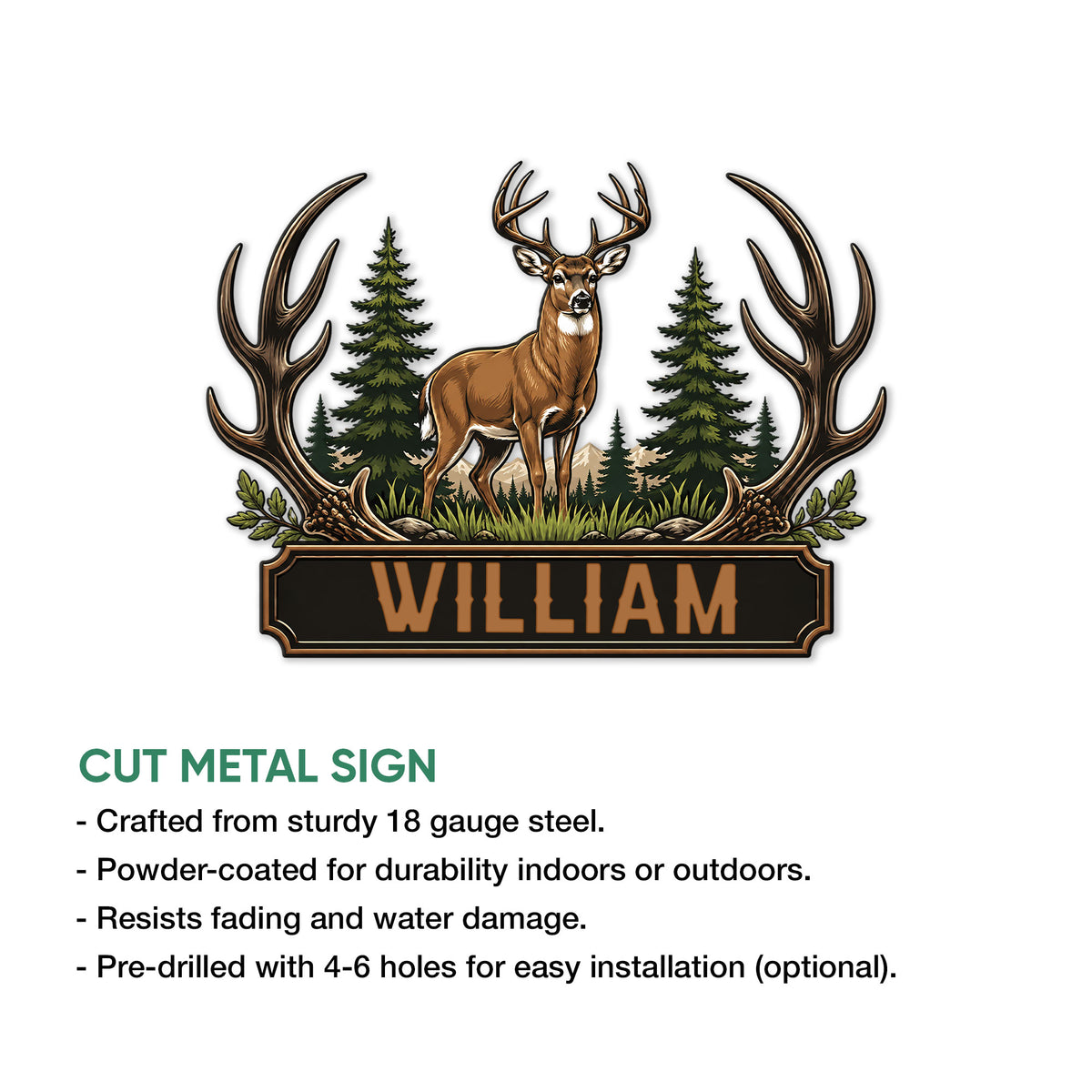 Buck deer hunting metal sign shown with cut steel construction and indoor or outdoor display information