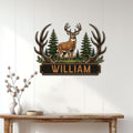 Deer hunting wall sign displayed on a white-paneled wall above a rustic console table
